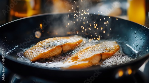fish fillets frying in a pan, oil splattering