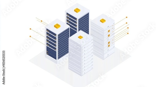 Isometric illustration of a server farm with interconnected servers.