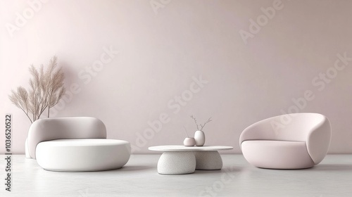 Minimalist living room interior with two armchairs and a coffee table.