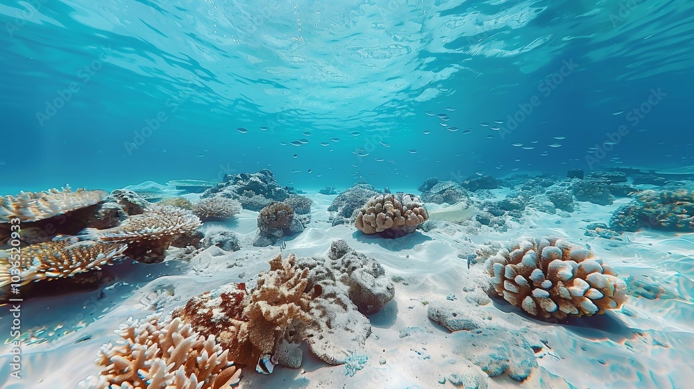 Fototapeta premium an underwater view of rocks and corals in the ocean
