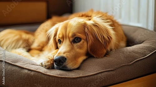 Golden Retriever Dog Resting on Brown Dog Bed photo