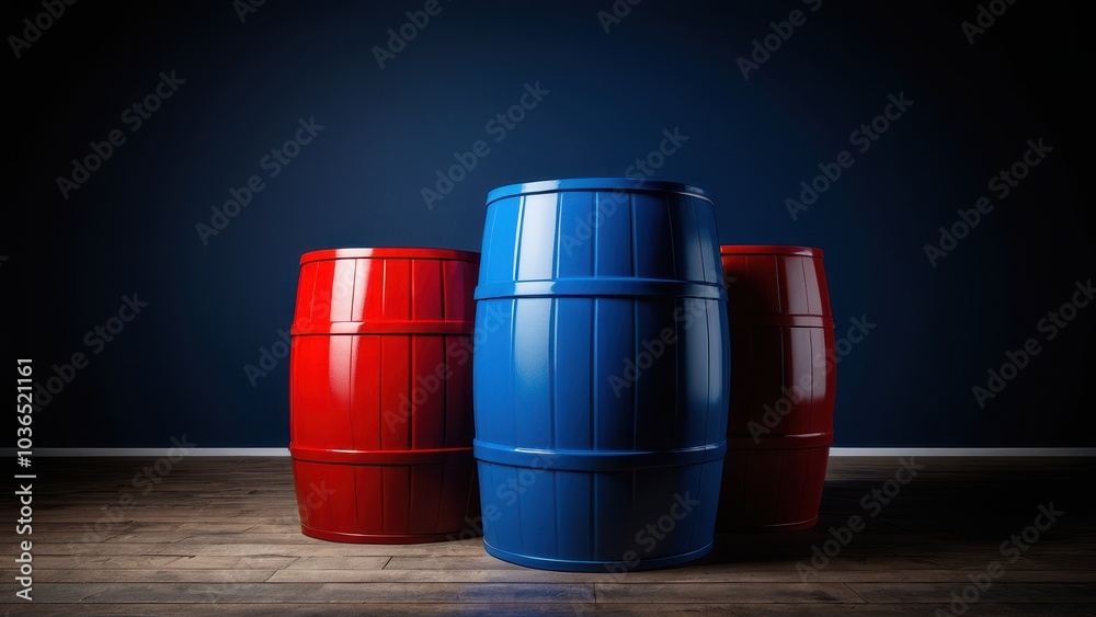 High-quality red blue barrel mockup for packaging design. Lifelike textures and customizable logos or labels, ideal for presenting industrial drums used in liquids or chemical storage High-quality red blue barrel mockup for packaging design. Lifelike textures and customizable logos or labels, ideal for presenting industrial drums used in liquids or chemical storage