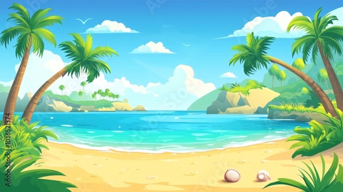 Tropical beach with palm trees, blue sky, and white sand.