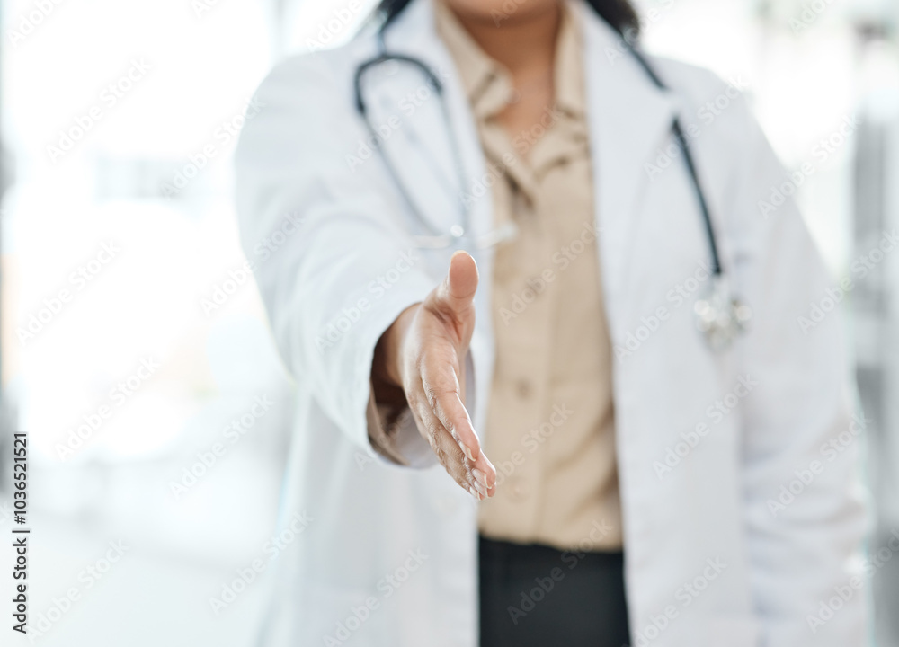 Handshake, person and doctor for welcome in hospital of healthcare introduction, partnership and support. Surgeon, meeting and medical promotion for surgery, thank you and opportunity with onboarding Handshake, person and doctor for welcome in hospital of healthcare introduction, partnership and support. Surgeon, meeting and medical promotion for surgery, thank you and opportunity with onboarding