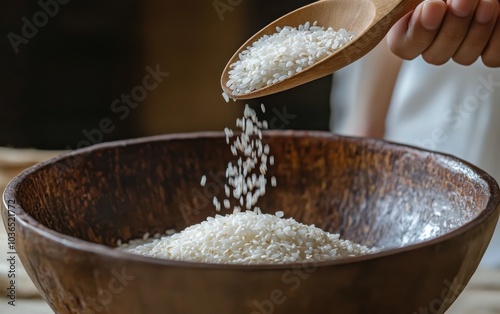 A vertical view of a hand holding a wooden spoon, pouring white rice grains into a brown bowl