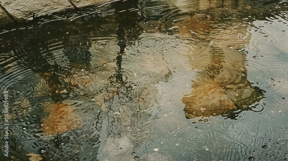 Obraz premium A photograph of a reflection in a puddle with a grainy texture adding a dreamy quality to the waters surface and capturing the essence of a rainy day.