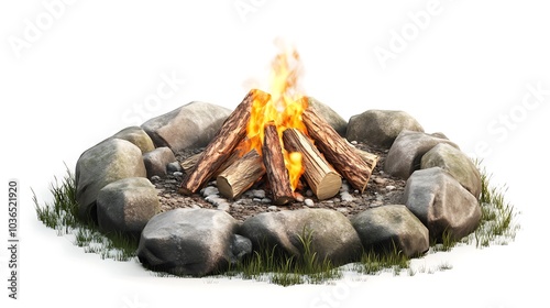 A campfire with burning wood surrounded by rocks. photo