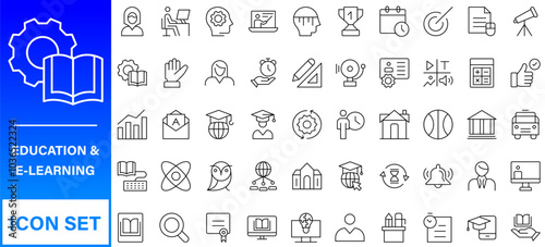 Education line icons collection. Big UI icon set in a flat design. Thin outline icons pack. Thin line icons set of academic subjects and education. Outline symbol collection.