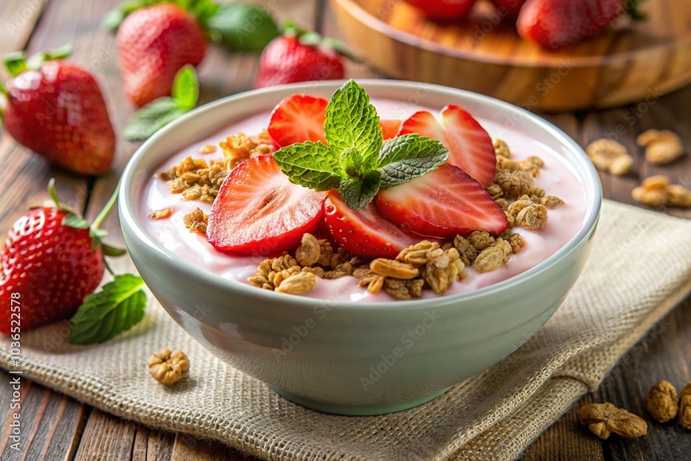 A bowl of strawberry yogurt with fresh strawberries and mint leaves A bowl of strawberry yogurt with fresh strawberries and mint leaves