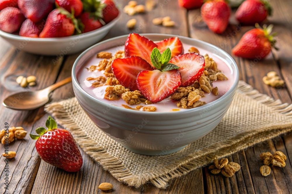 A bowl of strawberry yogurt with fresh strawberries and mint leaves A bowl of strawberry yogurt with fresh strawberries and mint leaves