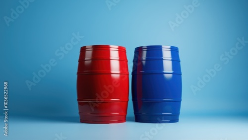 Red and blue barrel mockup for industrial branding. Ideal for showcasing logos or labels on realistic barrels with detailed textures. Perfect for presentations of oil, or fuel storage products photo