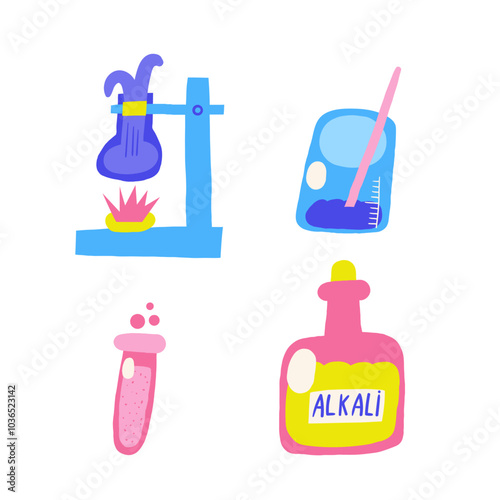 Cute science theme composition, postcard with funny hand drawn doodle chemistry bottle, jar, flask, test tube, acid, alkali. School, science, education objects set