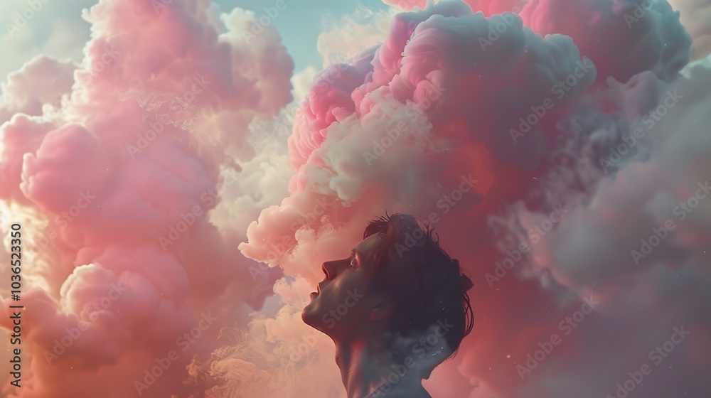 Surreal Dreamy Cloudscape with a Man Looking Up Surreal Dreamy Cloudscape with a Man Looking Up