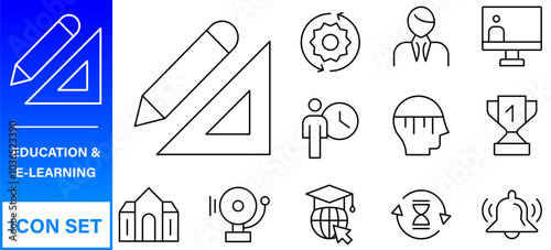 Education line icons collection. Big UI icon set in a flat design. Thin outline icons pack. Thin line icons set of academic subjects and education. Outline symbol collection.