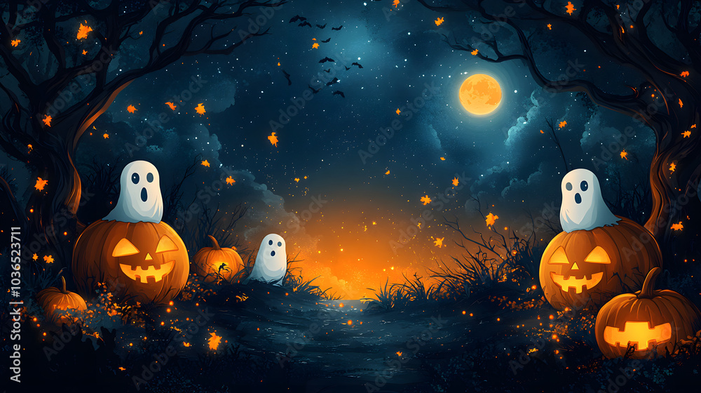 Halloween-Themed Background with Pumpkins, Ghosts, and Spooky Decorations – Festive Holiday Illustration for Halloween Celebration.
Halloween-Themed Background with Pumpkins, Ghosts, and Spooky Decorations – Festive Holiday Illustration for Halloween Celebration.