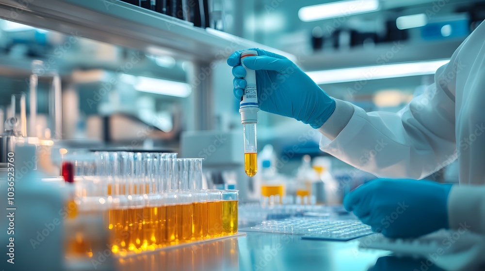 Scientist in a Laboratory Holding a Test Tube with Yellow Liquid Scientist in a Laboratory Holding a Test Tube with Yellow Liquid