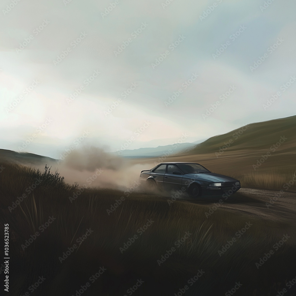 Black car in motion, thrilling mood, kicking up dust on a dirt track landscape with copy space Black car in motion, thrilling mood, kicking up dust on a dirt track landscape with copy space