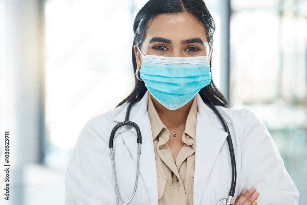 Portrait, girl and doctor with face mask in hospital of healthcare services, ppe safety and medical compliance. Woman, surgeon and arms crossed for virus danger, wellness risk and about us of surgery Portrait, girl and doctor with face mask in hospital of healthcare services, ppe safety and medical compliance. Woman, surgeon and arms crossed for virus danger, wellness risk and about us of surgery