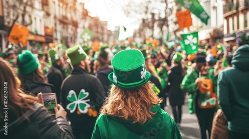 A lively St. Patrick's Day parade with people dressed in green, waving flags, and enjoying the festive atmosphere.