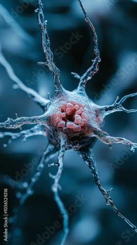 Detailed Close-Up of a Neuron Cell with Complex Network of Dendrites, Highlighting Brain Connectivity and Neural Communication in a Scientific and Biological Visualization