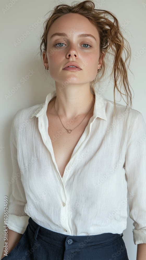 Woman in a Casual White Button-Up Shirt and Dark Pants with Messy Hair, Posing Against a Neutral Background in a Minimalist and Effortlessly Chic Style Woman in a Casual White Button-Up Shirt and Dark Pants with Messy Hair, Posing Against a Neutral Background in a Minimalist and Effortlessly Chic Style