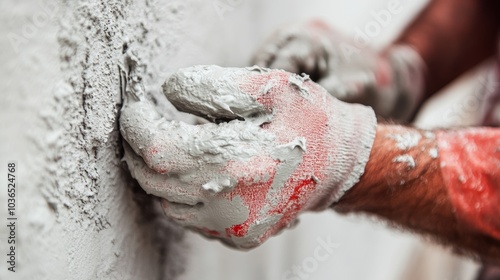 Construction Worker Applying Wet Cement to a Wall with Gloved Hands, Demonstrating Precision and Skill in Masonry Work During a Building Project photo