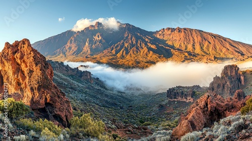 A panoramic view of a majestic mountain with clouds swirling around its peak, revealing a stunning landscape of volcanic rock formations and lush vegetation.