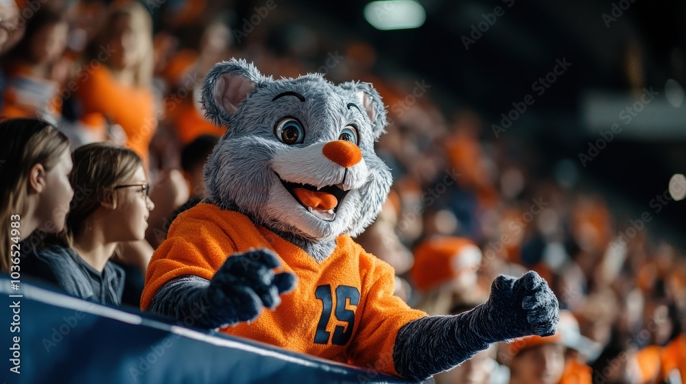 Cheerful Mascot Engaging Fans at Sports Event Cheerful Mascot Engaging Fans at Sports Event