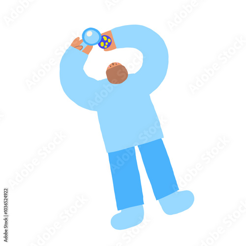 Cute science theme composition, postcard with funny hand drawn doodle biology scientist making research. School, science, education objects set