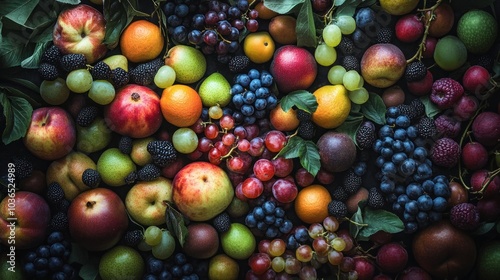 A vibrant assortment of fresh fruits arranged artistically on a dark surface.