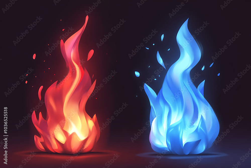 A digital illustration of red and blue flames representing fire and ice elements. A digital illustration of red and blue flames representing fire and ice elements.