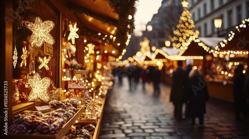 A festive market scene adorned with lights, showcasing treats and holiday decorations.