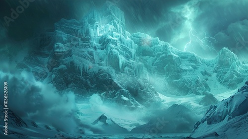 Frozen Mountain Range with Dramatic Lightning Storm