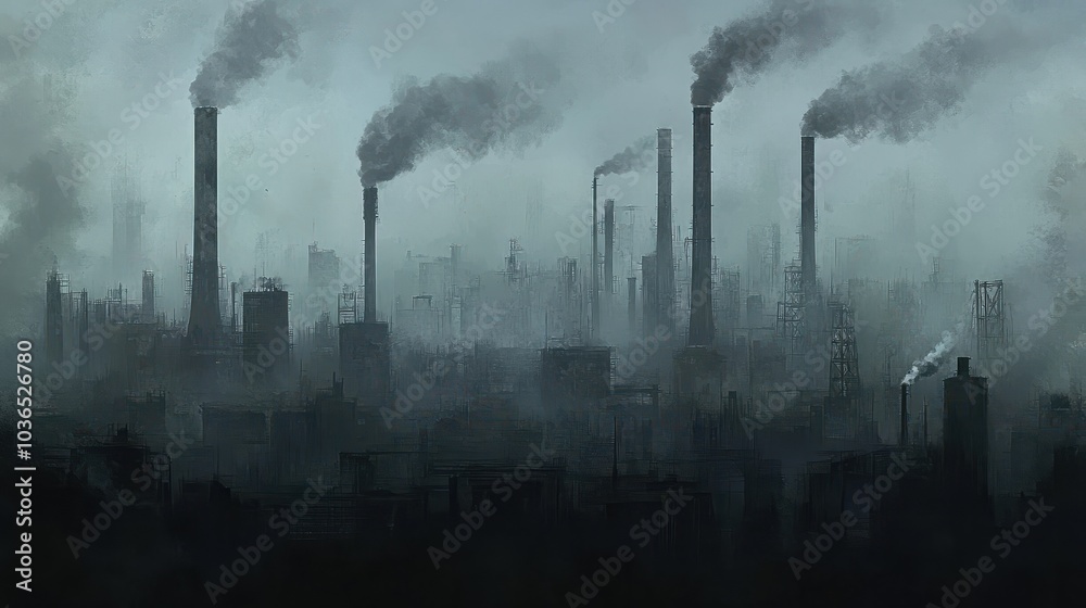 Dark dirty city with many chimneys and factories Dark dirty city with many chimneys and factories