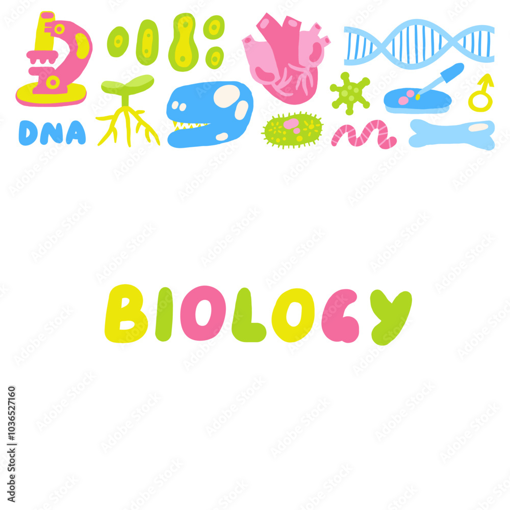 Cute science theme composition, banner with funny hand drawn doodle skull, dropper, microscope, virus, bacteria, heart, dna, cell, plant. Hand drawn doodle circle round banner, invitation, card Cute science theme composition, banner with funny hand drawn doodle skull, dropper, microscope, virus, bacteria, heart, dna, cell, plant. Hand drawn doodle circle round banner, invitation, card