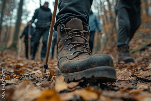 A Close-Up of the Hiker's Boots on an Autumn Trail with Blurry Background