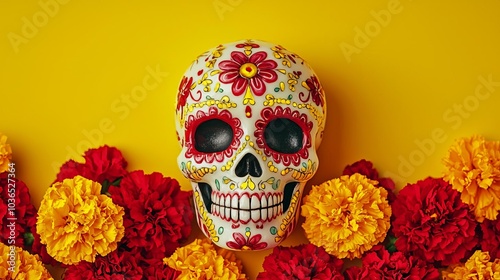 Glowing sugar skull with neon marigolds, radiant yellow and red, festive Day of the Dead