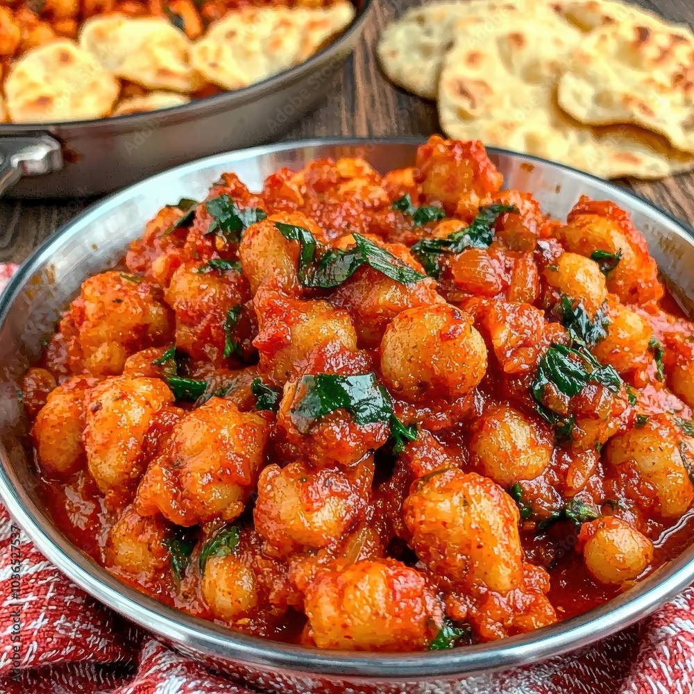 Delicious Spicy Chickpea Curry Served with Naan and Fluffy Puri for a Flavorful Meal Delicious Spicy Chickpea Curry Served with Naan and Fluffy Puri for a Flavorful Meal