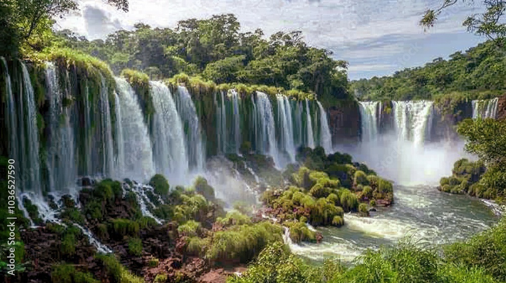 A panoramic view of Iguazu Falls, a series of waterfalls on the border of Argentina and Brazil. A panoramic view of Iguazu Falls, a series of waterfalls on the border of Argentina and Brazil.