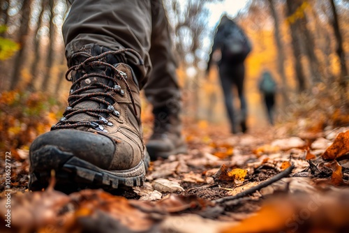 A Close-Up of the Hiker's Boots on an Autumn Trail with Blurry Background