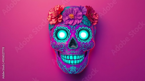 Neon sugar skull with glowing eyes, radiant purple and teal, detailed floral design