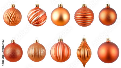 Ornate orange Christmas ornaments in various shapes and textures, perfect for festive decorations. These vibrant baubles add warm touch to holiday celebrations