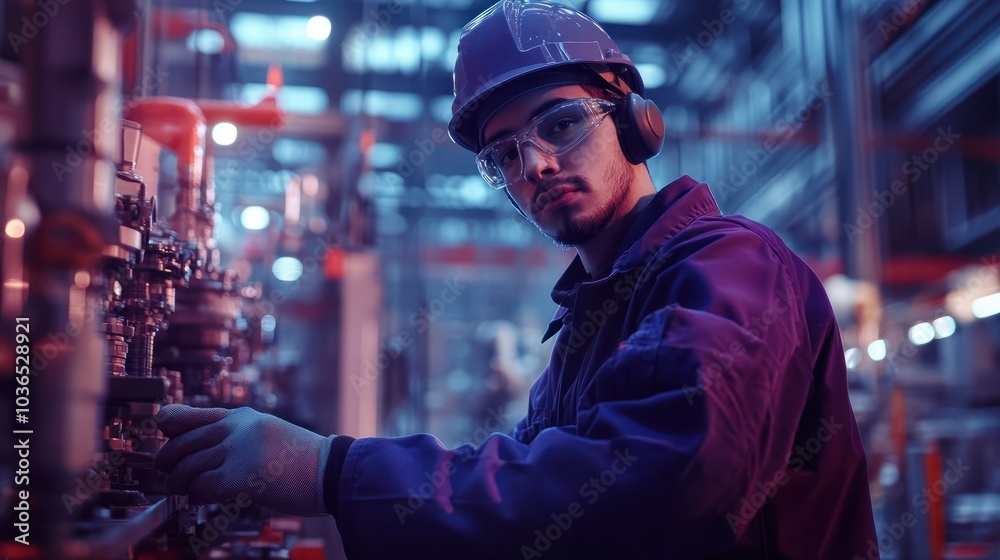 Engineer in uniform at factory works with equipment and checks it Engineer in uniform at factory works with equipment and checks it