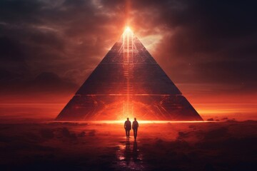 Crédence de cuisine Bordeaux Glowing futuristic neon pyramid against night starry sky. Alien planet. Teleportation to another world. Science fiction concept. Cyberspace metaverse gaming wallpaper. Abstract sci-fi background  © Margarita Ratatosk