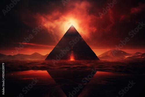 Glowing futuristic neon pyramid against night starry sky. Alien planet. Teleportation to another world. Science fiction concept. Cyberspace metaverse gaming wallpaper. Abstract sci-fi background