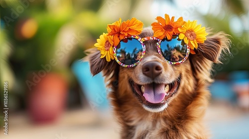 Happy Puppy Dog in Summer Costume, Radiating Joy and Playfulness for Fun and Seasonal Pet Photography