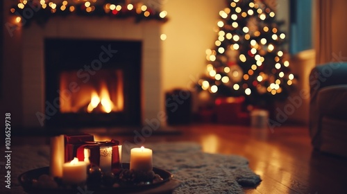 Cozy holiday scene with a fireplace, candles, and a decorated Christmas tree.