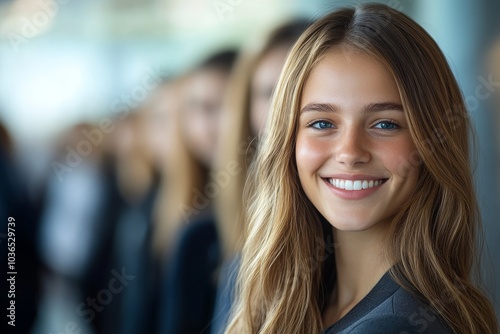 Wallpaper Mural Cheerful job applicants standing in a waiting area, Generative AI Torontodigital.ca