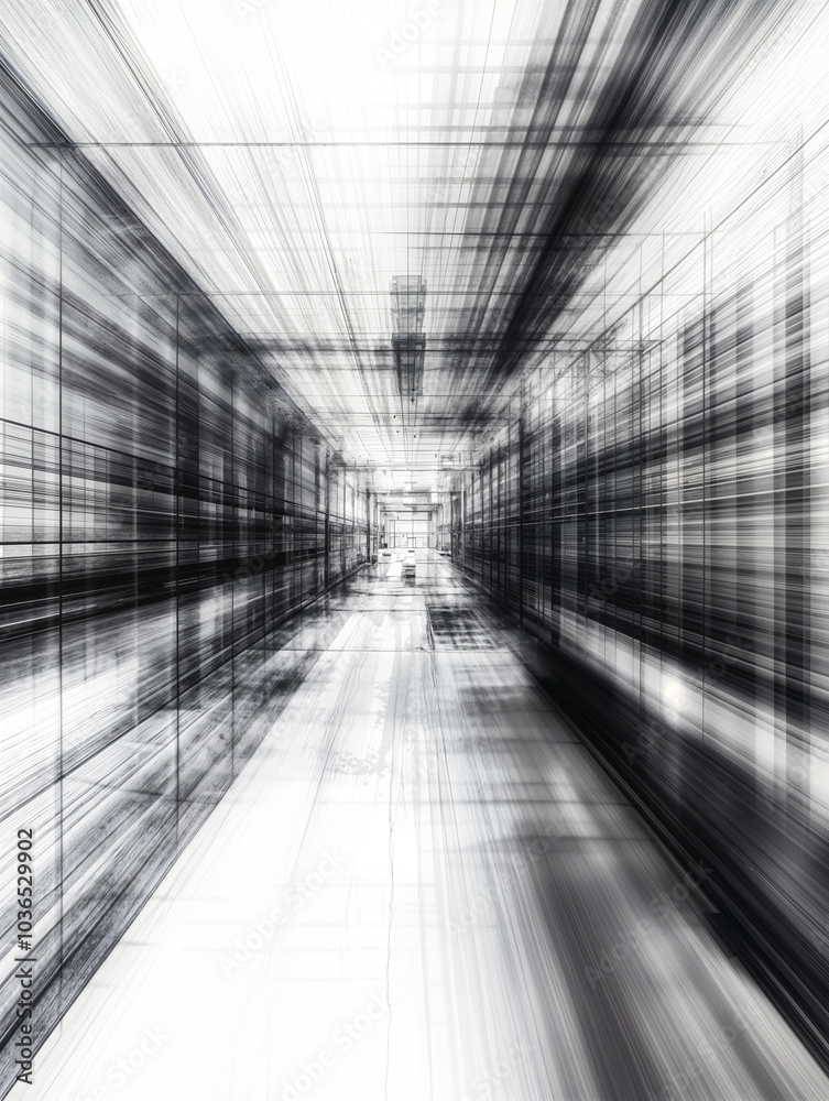 Abstract motion blur effect with intersecting lineslike futuristic corridor in black and white. Digital and minimalist style. High-tech or sci fi design concept. For background, poster Abstract motion blur effect with intersecting lineslike futuristic corridor in black and white. Digital and minimalist style. High-tech or sci fi design concept. For background, poster