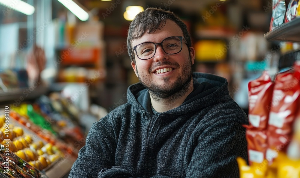 Shop employee with Down syndrome smiling at the camera, Generative AI
